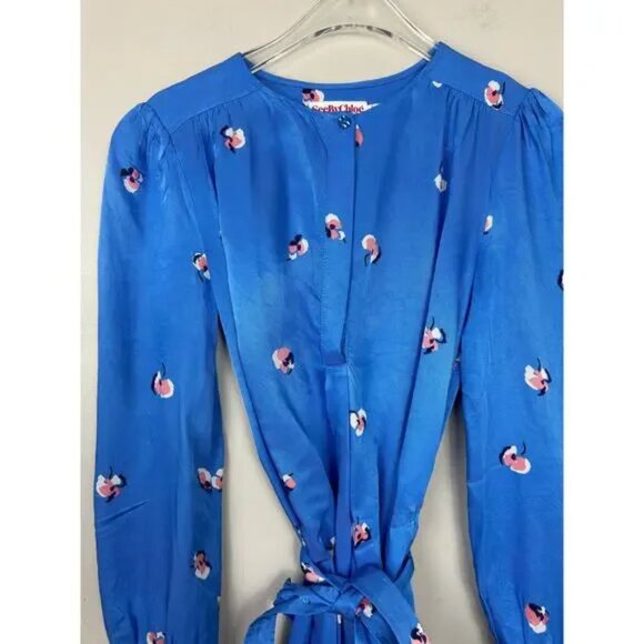See By Chloe Floral Satin Twill Tie Shirt Dress Blue Parisian US Sz 8 - Picture 3 of 13